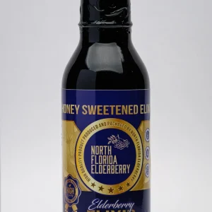 NEF Product image; Elderberry Honey Sweetened Elixir; front of bottle